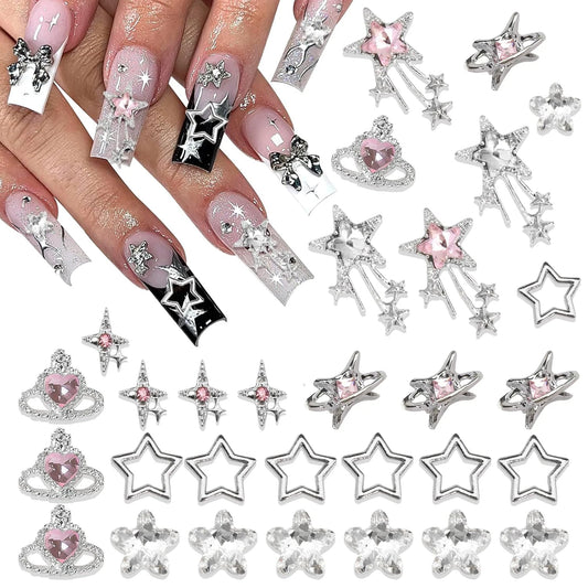 40PCS Star Nail Charms Silver 3D Star Charms Pink Nail Rhinestone Multi Style Nail Art Jewelry Dangle Stars Nail Decoration Y2K