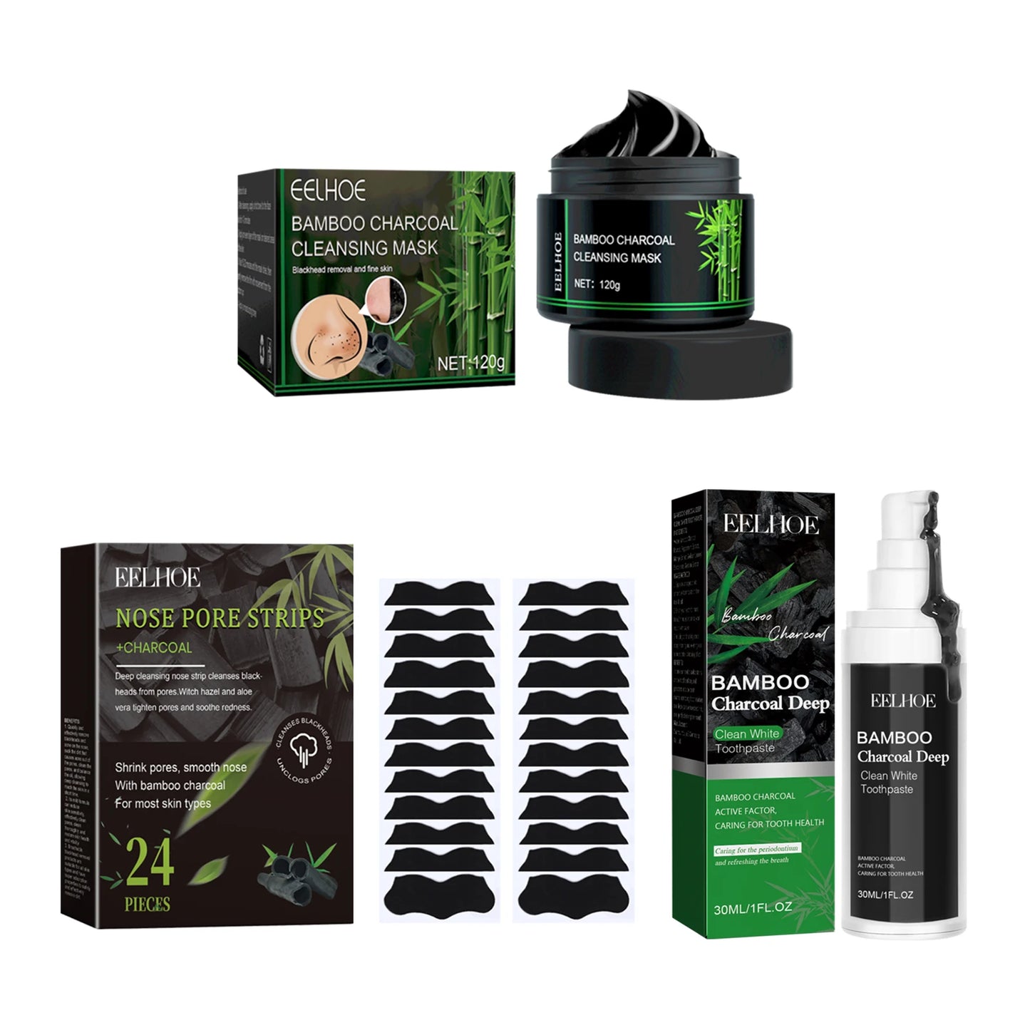 Eelhoe Charcoal Face Mask Nose Strips Toothpaste Blackhead Remover Clean Pores Teeth Whiten Oil Control Face Teeth Clean Series