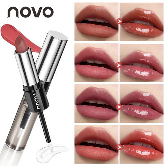 2 In 1 Dual Ended Moisturizing Lipstick & Lip Gloss,Waterproof Proof Lipstick Sealer,Matte & Mirror,Long Lasting,Non-Stick Cup