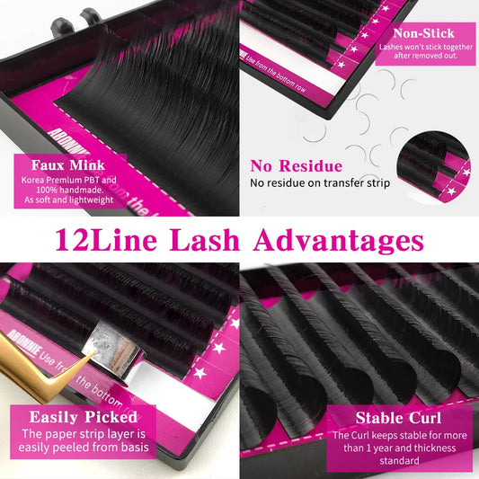 Abonnie B/C/D 12Rows Mink Hair Lashes Extension Matte Black Fluffy Silk Eyelash Extension for Beauty Makeup
