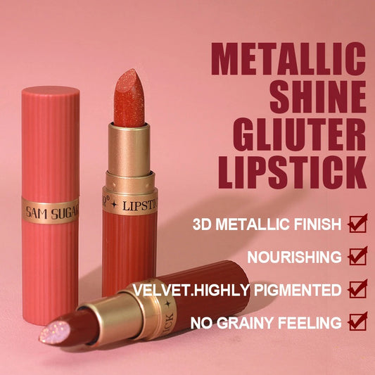 Diamond Chocolate Red Lipstick Pearlescent Glitter Velvet Lipstick Waterproof Shiny Metallic Matte Lip Gloss Non-fade Makeup