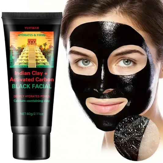YUITIKUE Black Facial Mask, Indian Clay & Activated Charcoal, Deep Cleansing, Hydrates & Firms Pores, 60g