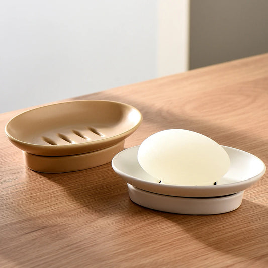 White Ceramic Soap Dish with Drainage Hole Oval Soap Holder Self Draining Soap Tray Bathroom Countertop Storage Organizer