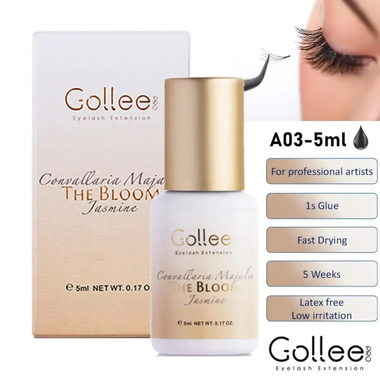 Gollee 0.5S Glue for Eyelashes Extra Strong Glue 50-60days Black Eyelash Glue Lash Extension Supplies Adhesive for Eyelash