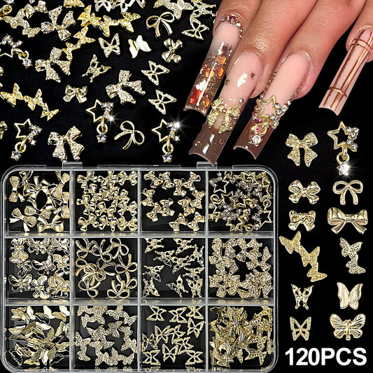 120pcs/box 3D Gold Bow Butterfly Nail Metal Charms Shiny Cute Bowtie/Diamond Star Nail Jewelry 120 Luxury Nail Art Supplies #RE4