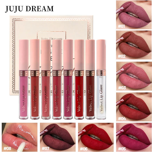 8 pcs matte liquid lipstick, lip glaze - waterproof, non-stick, long-lasting lip gloss, brown, pink, purple and red tones