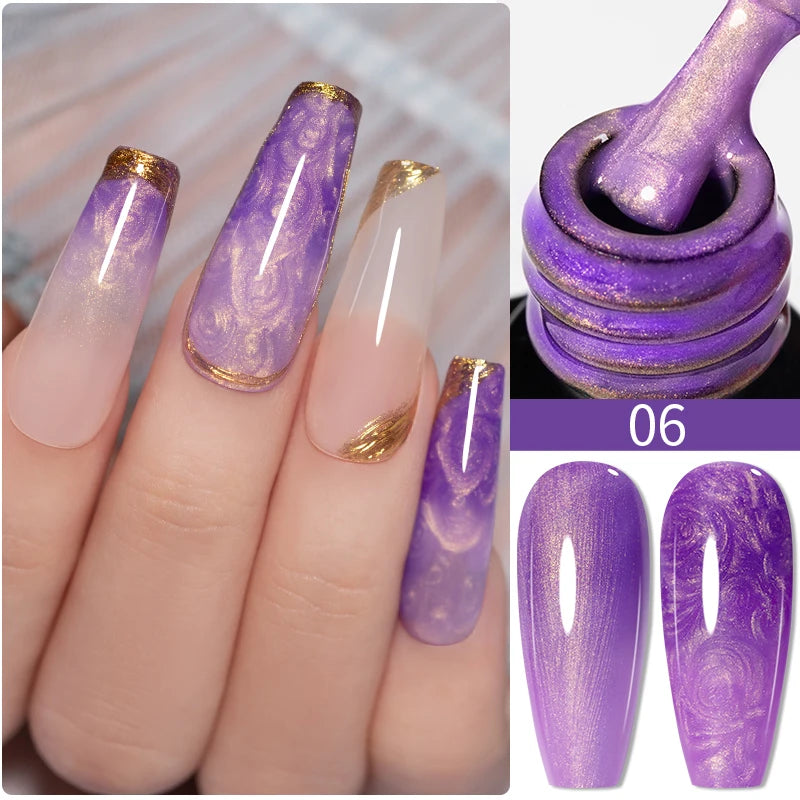 PUENTE 7.5ML Golden Gems Cat Magnetic Gel Nail Polish Pink Brown Blue Colors Golden Glitter Cat Eye Soak Off UV Nail Art Varnish