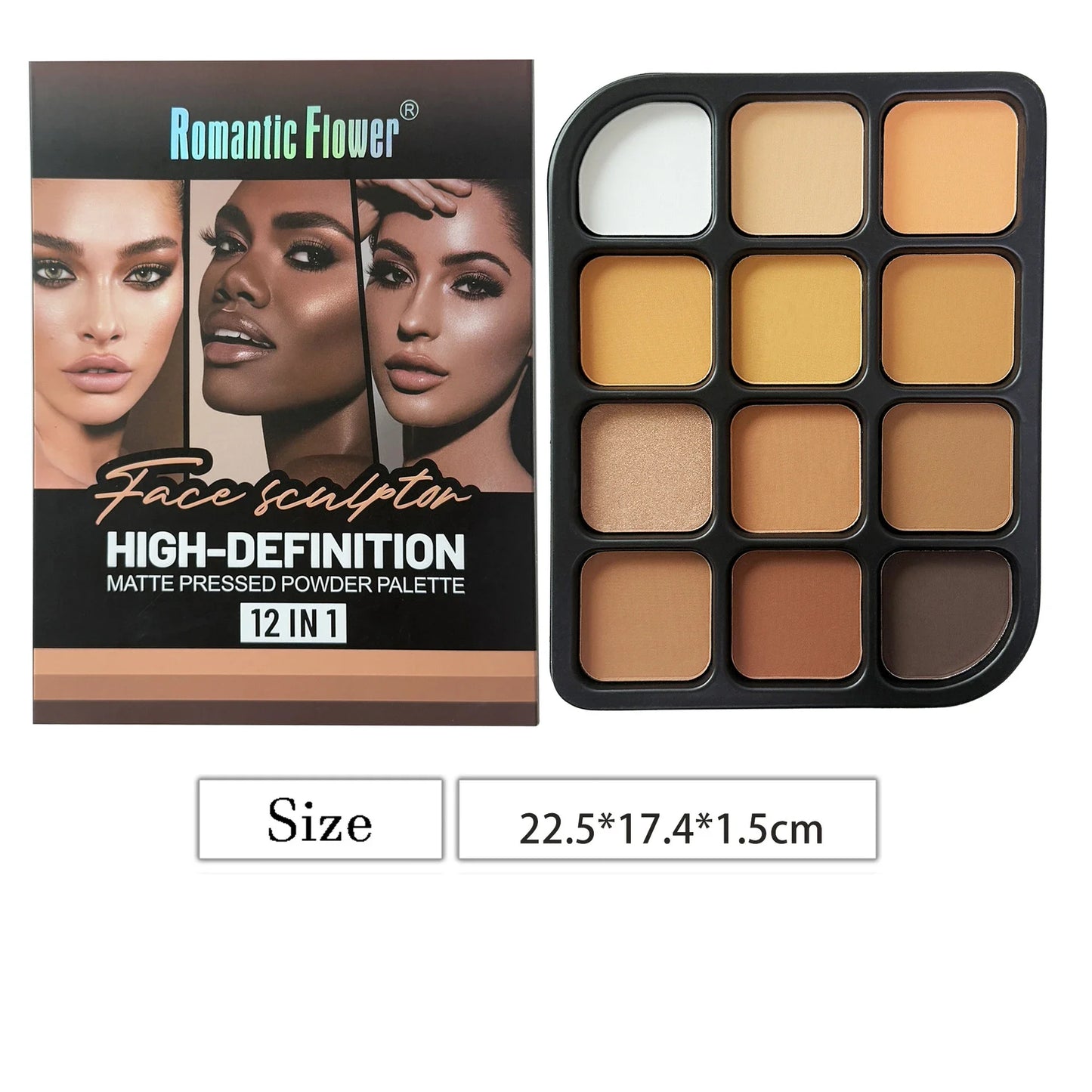 Deep Skin 12-Color Matte Contour Palette - Full Coverage All-In-One Highlighter Shading & Powder Face Makeup Kit
