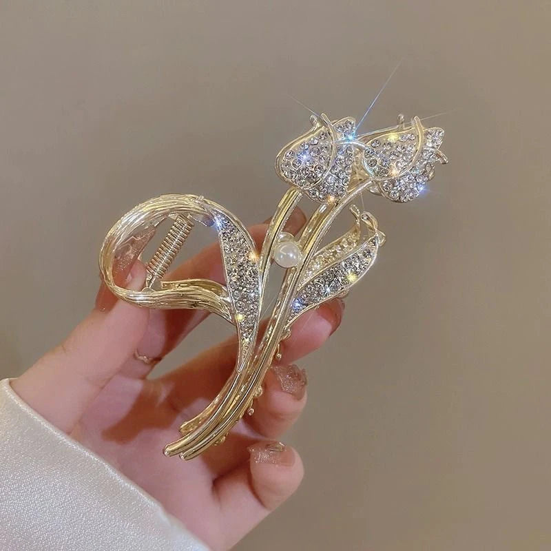 Rhinestone Tassel Hair Claw Golden Bow Flower Hair Clip Hairpin For Women Elegant Ponytail Fashion Hair Accessories