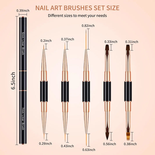 Nail Art Brushes Set - Professional 5pcs Double-Ended Acrylic Nail Art Brushes Liner Detail Brushes For Drawing Design Brushes