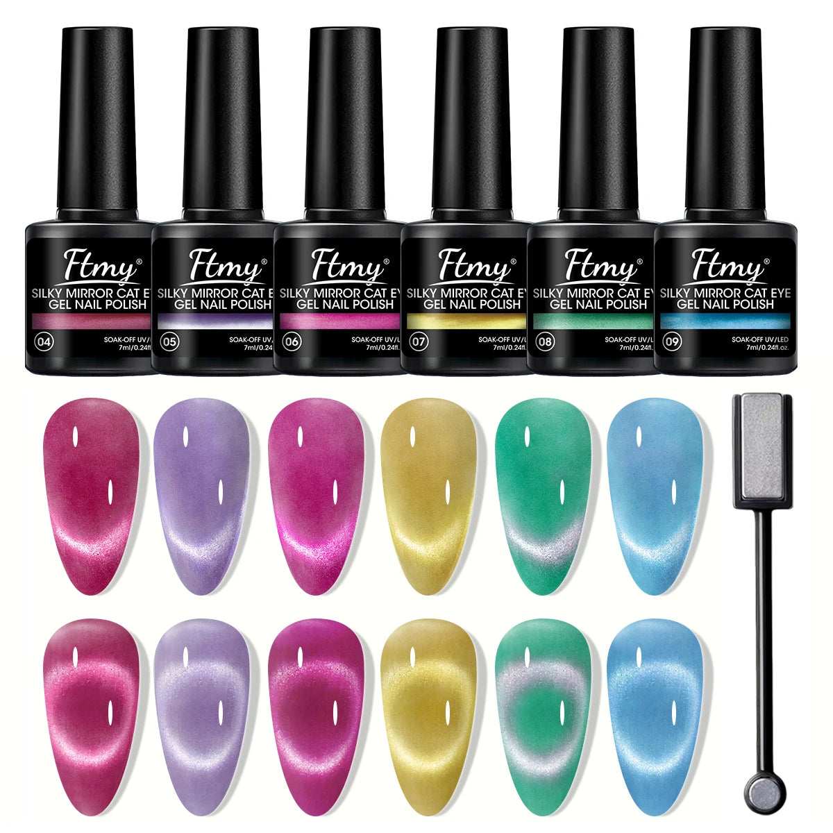 6 Piece Magnetic Cat's Eye Gel Nail Polish Set - Vibrant, holographic shades with magnetic wands, perfect for DIY jelly crystal