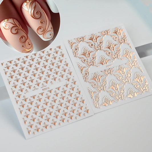 30pcs 5D Embossed Rose Golden Lace Floral Nail Stickers Retro Vine Flower Nail Decals 5.5*6.5cm Irregular Geometric Nail Sliders