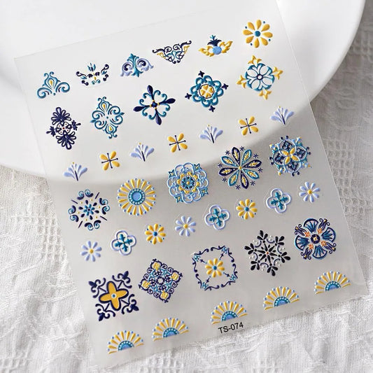 1PC Bohemia Nail Art Stickers 5D Bohemia Nail Sticker Decal Abstract Design Retro Blue Yellow Flower Self Adhesive Nail Supplies