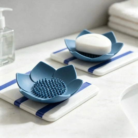 2Pcs Lotus Design Silicone Soap Holder with Drain, Drainage Soap Box, Portable Bathroom Shower Soap Storage Accessory