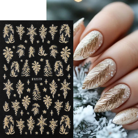 2PCS Golden Glitter Leaf Nail Art Stickers Shinny Christmas Trees Snowflake Sliders Japanese Winter Y2K Leaves Manicure Decor