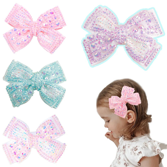 Rhinestone Bow Hair Clips Sweet Ribbon Barrette Baby Girls Sparkling Crystal Hairpins For Children Kids Headwear Accessories