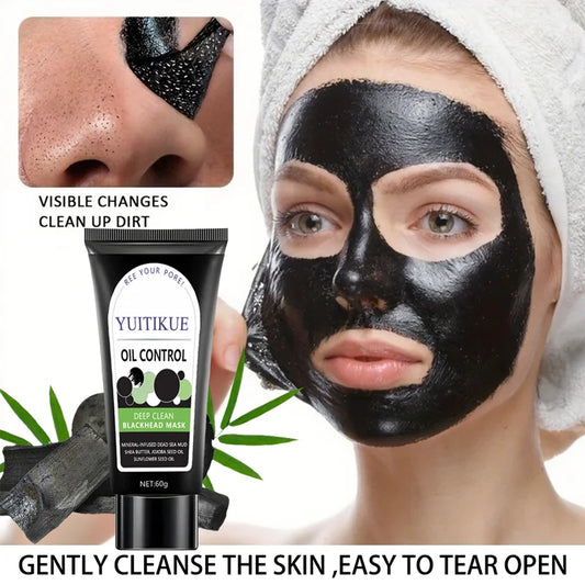 YUITIKUE Blackhead Mask 60g - Bamboo Charcoal & Dead Sea Mud, Deep Cleanse Pores, Oil Control, Peel-off Black Mask, Easy to Use