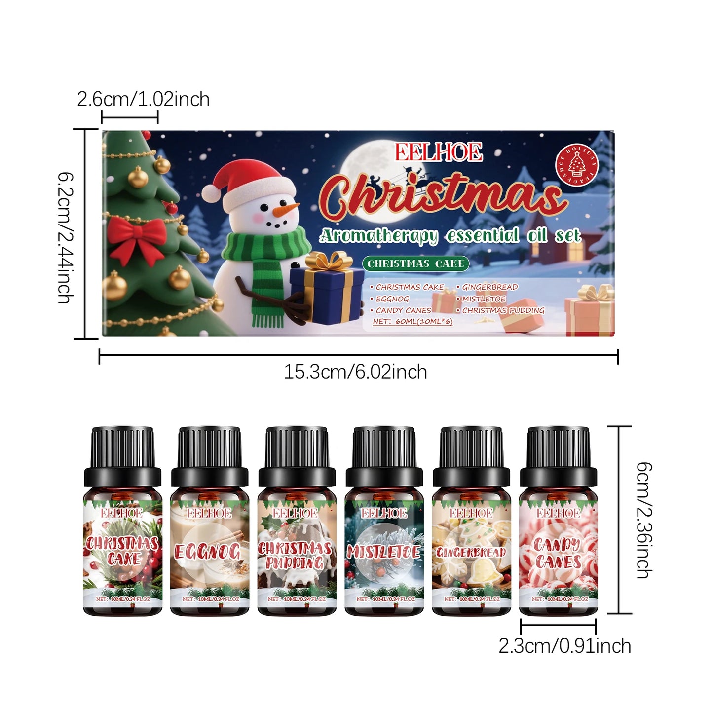 Christmas Aromatherapy Essential Oil Set Long Lasting Fragrance 6 Holiday Scents Festive Scents & Relaxing Atmosphere 6x10ml