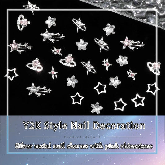 40PCS Star Nail Charms Silver 3D Star Charms Pink Nail Rhinestone Multi Style Nail Art Jewelry Dangle Stars Nail Decoration Y2K