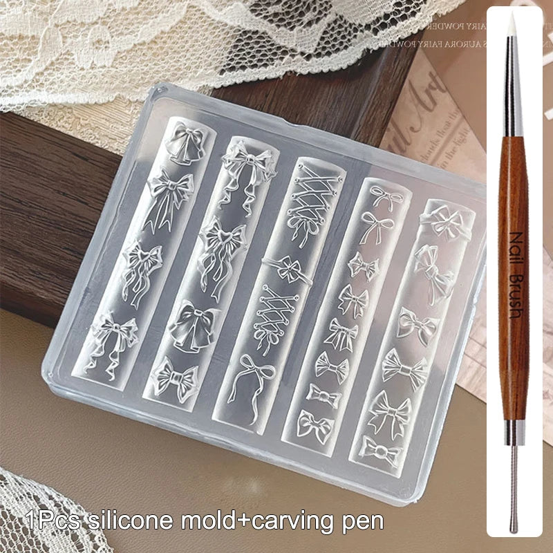 3D Silicone Flower Nail Carving Mold Acrylic Bowknot Floral Stamping Plate Nails Stencils Blossom DIY Clay Mold Nail Template