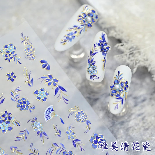 Japanese Vintage Red & Blue Rose Flower Laser Gold Silver Nail Stickers Nail Art Decal Design Manicure Tool High Quality