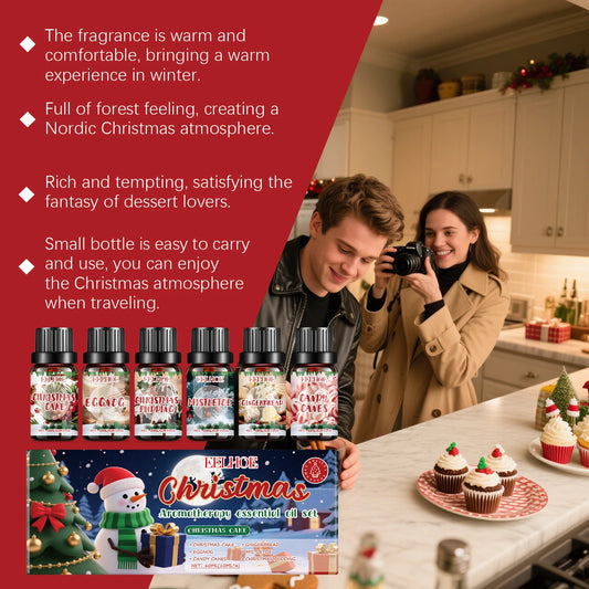 Christmas Aromatherapy Essential Oil Set Long Lasting Fragrance 6 Holiday Scents Festive Scents & Relaxing Atmosphere 6x10ml