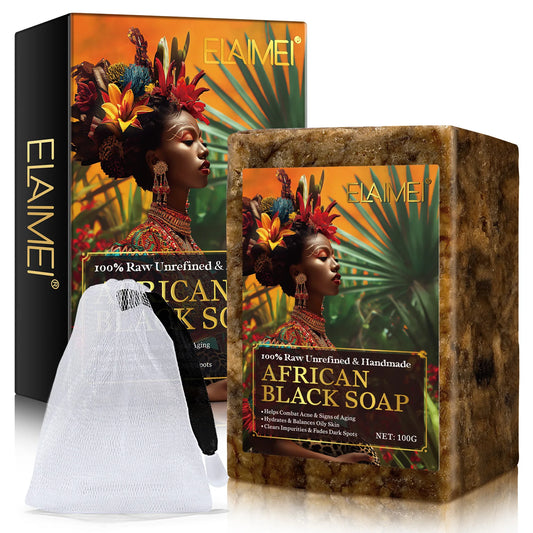Raw African Black Soap for Oily Skin, Dark Spots Pure & Natural Ingredients - Organic Face and Body Wash Soap