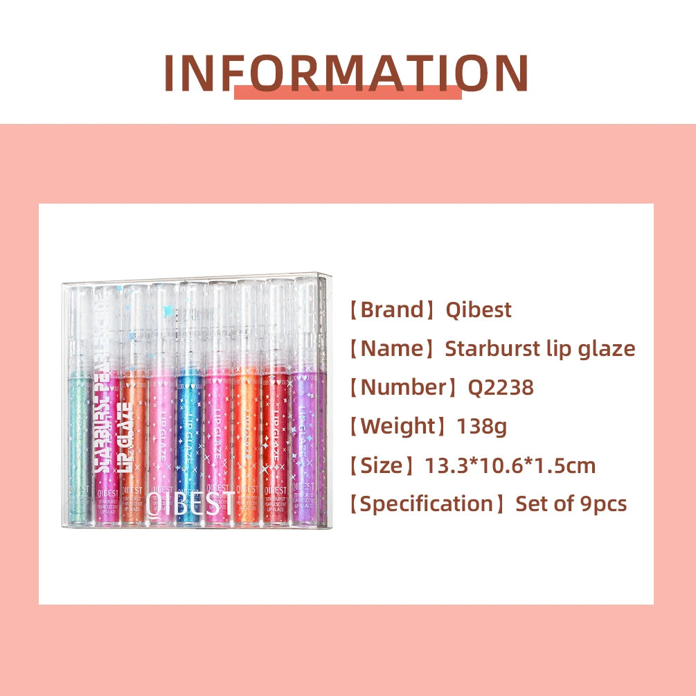 QIBEST 9Pcs/Sets Glitter Lip Glaze Liquid Lipstick Set Shine Lip Gloss Gift Box Natural Moisturizer Waterproof Lips Makeup