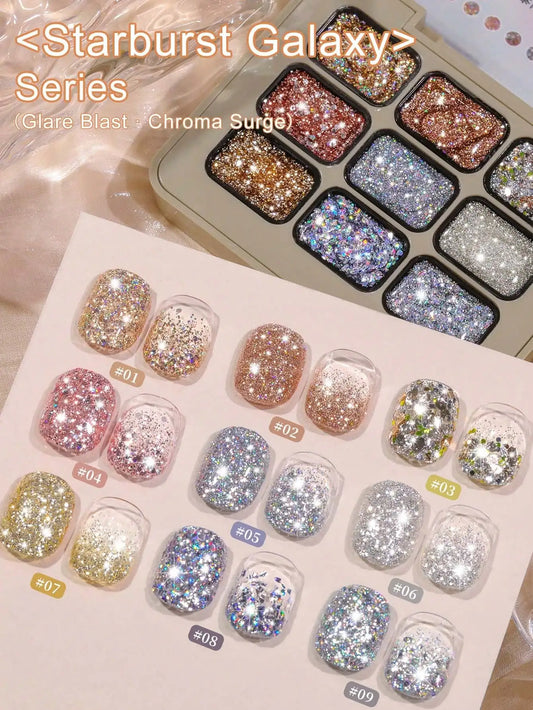 9 Colors Starburst Galaxy Series Glitter Solid Adhesive Gel Nail Polish Semi Permanent Soak Off UV LED For Nails Salon DIY