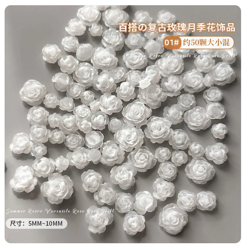 50PCS 3D Mix Sizes Beautiful Blossoming Rose Flowers Resin Adhesive Nail Art Rhinestones Decorations Manicure Kawaii Charms