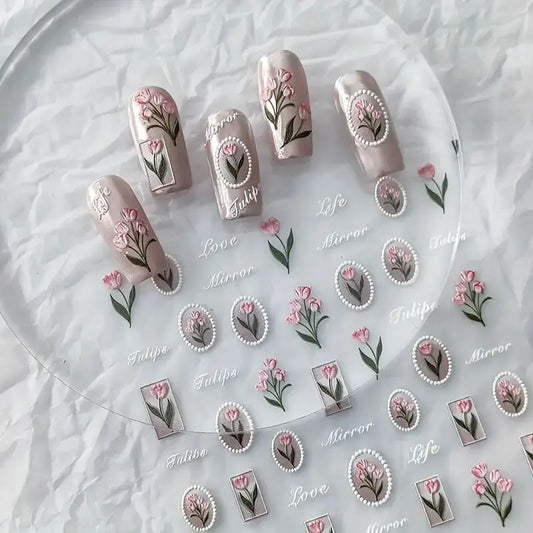 1piece 5Dcute tulip flower nail stickers high quality self-adhesive embossed nail art decals for girls summer decoration sticker