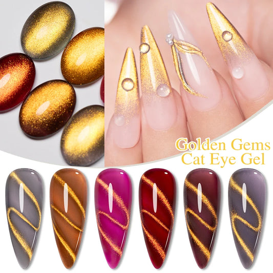 1- 6pc Golden Glitter Cat Magnetic Nail Gel Cat Eye Holographic Reflective Semi Permanent UV Gel Soak Off Sparkling Nail Art
