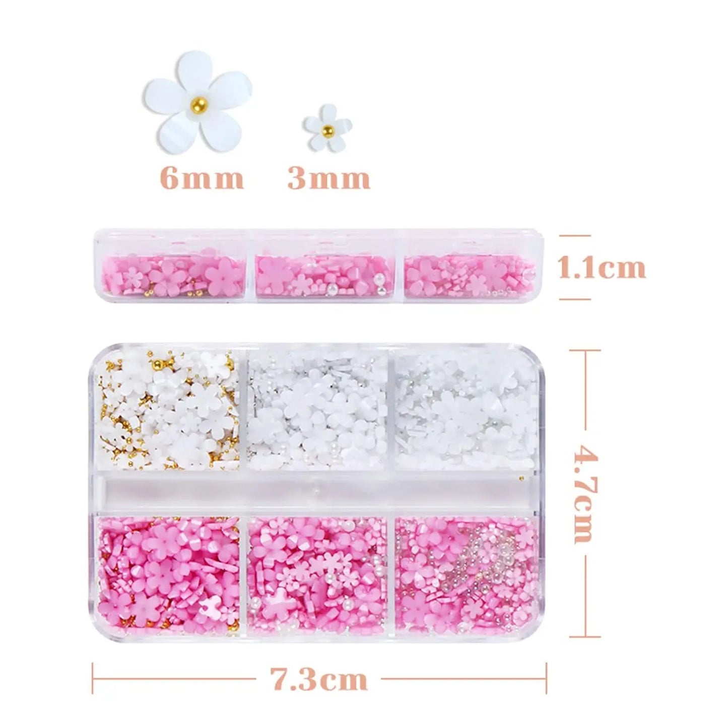 6Grid 3D Mixed Pink White Small Flower Nail Art Charms With Gold Silver Beads Kawaii Resin Fashion Cartoon Nail Decorations DIY