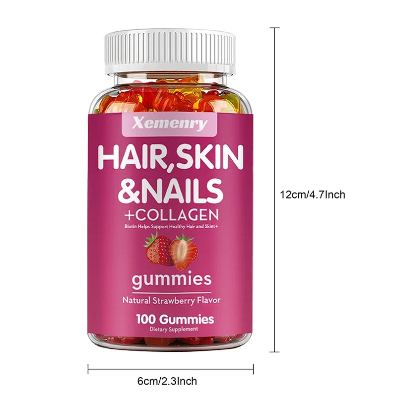 Natural Biotin Gummies - Supports Hair, Skin, Nails & Collagen, Dietary Supplement, Antioxidant - 100 Gummies