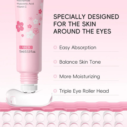 LAIKOU Sakura Eye Serum Roller Massage Hyaluronic Acid Skin Care Eye Bags Cream Moisturizing Dark Circles 15ml