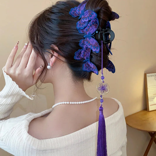 New Chinese Style Kniting Butterfly Hair Claws Women's Purple Long Flower Tassel Shark Grab Clips Vintage Hanfu Headpiece W