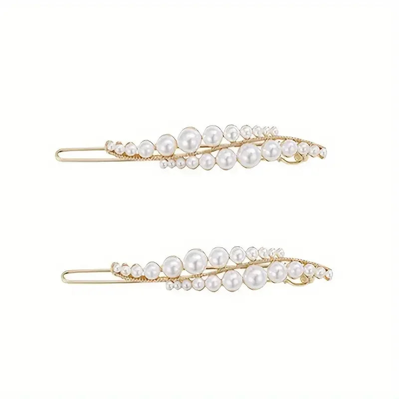 2pcs Elegant Leaf Design Hair Clips – Faux Pearl & Rhinestone Barrettes, Golden-Tone Alloy Hair Accessories for Women,