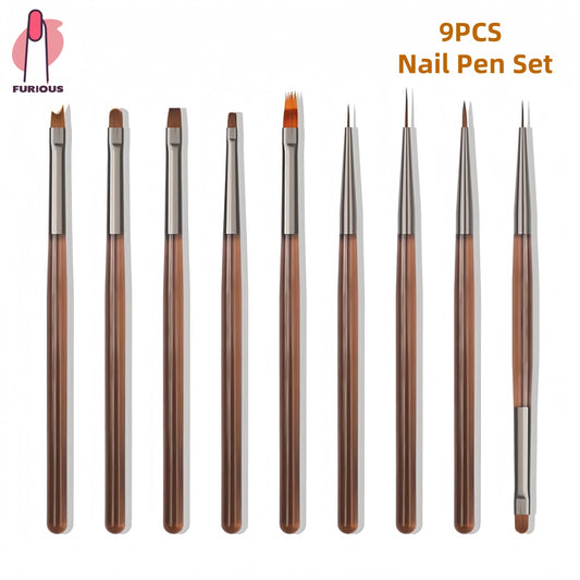 9PCS Nail Art Brushes Professional Nail Art Painting Pen Liner DIY Brush for Nail Art Design Manicure Tool Brown and Gray