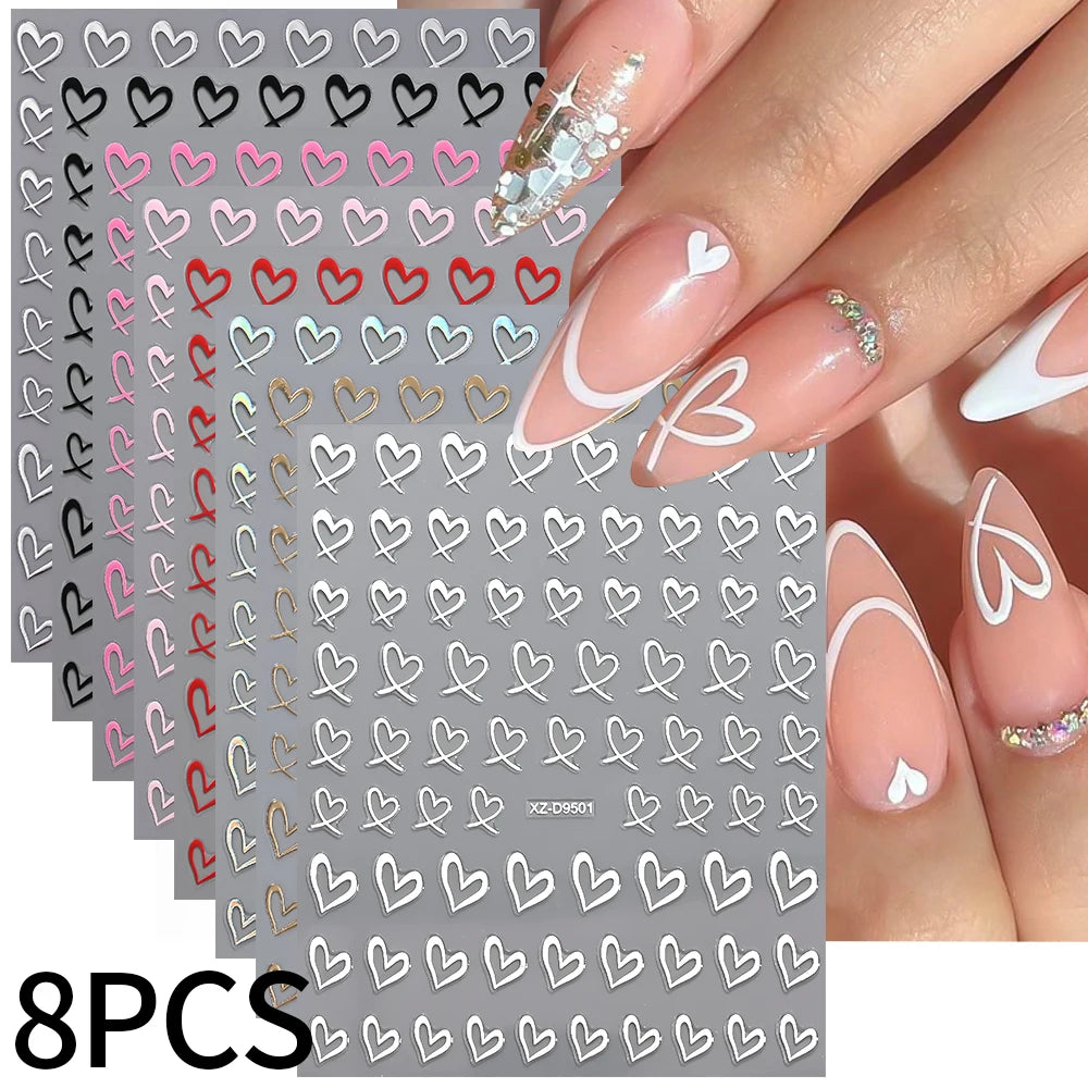 8Pcs 3D French Love Heart Nail Stickers Hollow Sweetheart Nail Decals DIY Valentine's Day Adhesive Sliders Manicure Decorations