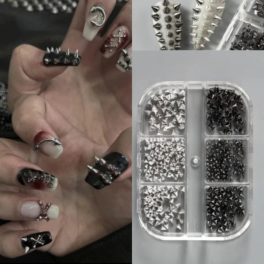 6 Grids Y2K Punk Metal Rivet Nail Charms Cone Mixed Sized Black Silver Gold Nail Art Studs 3D Stylish Alloy Spike Nails tool