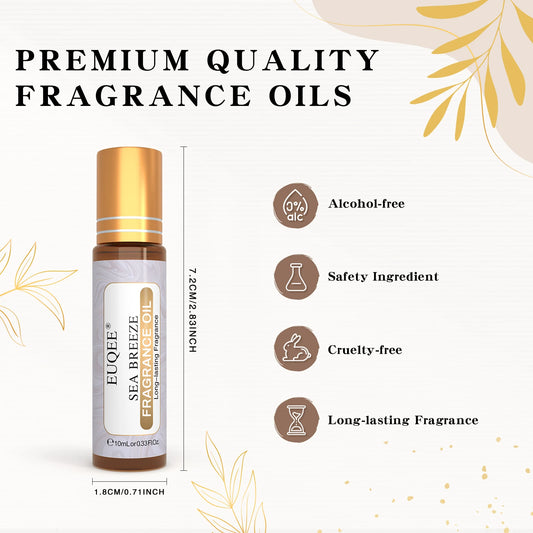 EUQEE 10ml Roll-On Fragrance Oil for Skin Sea Breeze White Musk Coconut & Vanilla Bubble Gum Green Tea Long Lasting Scent