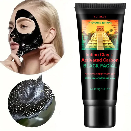 YUITIKUE Black Facial Mask, Indian Clay & Activated Charcoal, Deep Cleansing, Hydrates & Firms Pores, 60g