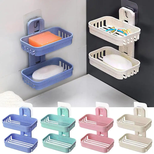 Self Adhesive Soap Dish Holder Wall Mounted Double Drain Soap Box Removable Plastic Soap Storage Basket For Bathroom