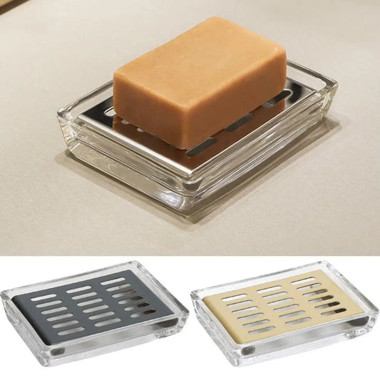 Light Luxury Stainless Steel Glass Soap Dish Draining Rack Rectangular Soap Holder Dual Layer Self Draining Soap Case Bathroom
