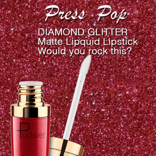 Pudaier Lipstick Glitter Lip Gloss Diamond Shimmer Pigment Metallic Glossy Lip Gloss Matte to Sparkling Lip Tint Liquid Lipstick