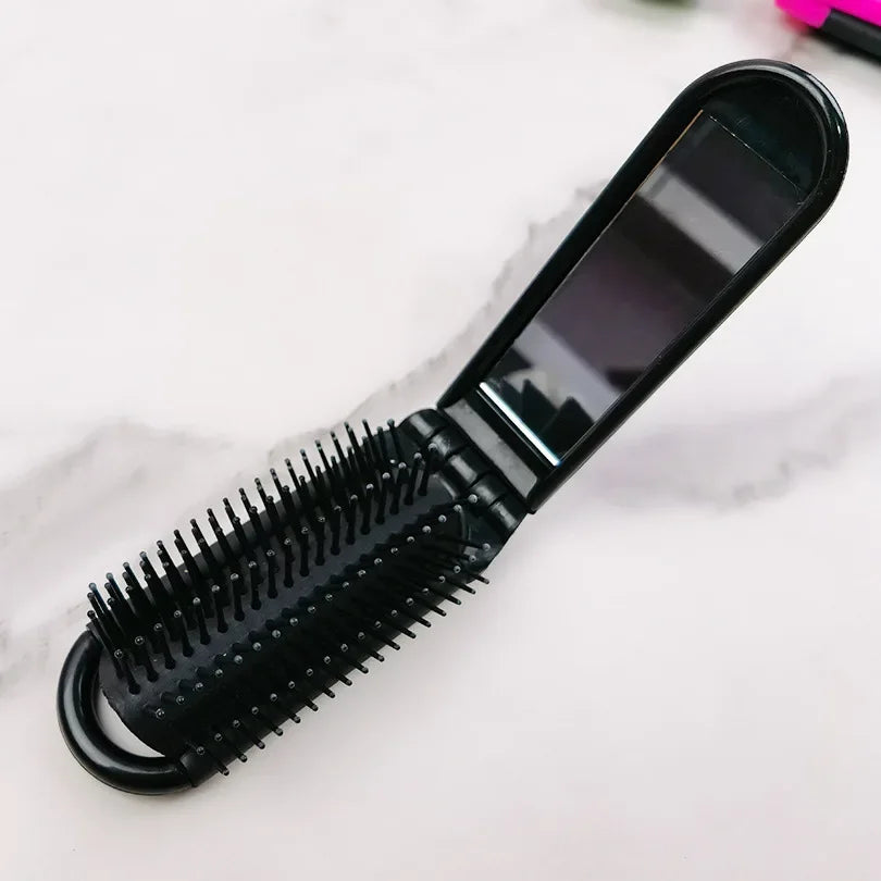 Portable Travel Folding Hair Brush With Mirror Compact Pocket Size Comb ABS Heat-Resistant Folding Comb Portable Dual-Use
