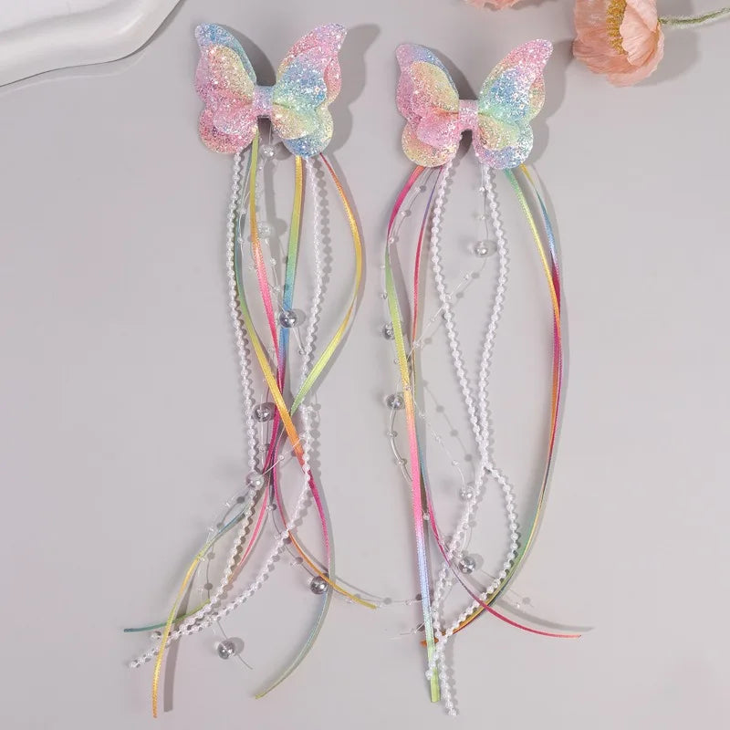 2Pc Childrens Rainbow Butterfly Sequin Hair Clip,pearl Ribbon,tassel Hair Clip,girl Braided Hair Accessory,performance Accessory