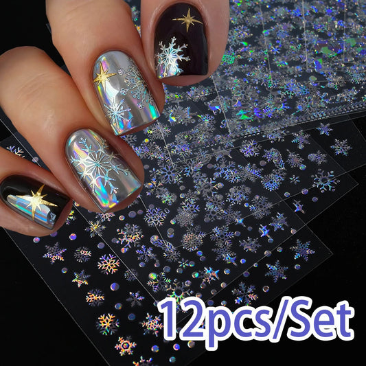 12sheets Laser Sliver Snowflakes/snowballs 3D Christmas Nail Art Decals Dreame Laser Santa Claus Snowman Nail Stickers Charms