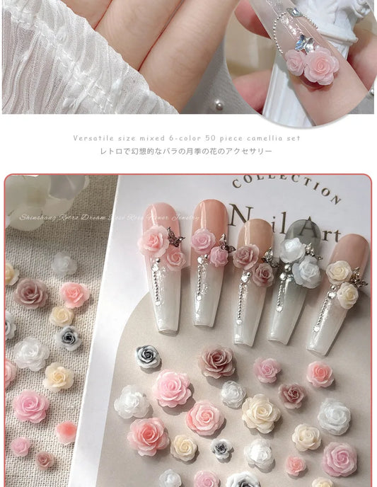 50PCS 3D Mix Sizes Beautiful Blossoming Rose Flowers Resin Adhesive Nail Art Rhinestones Decorations Manicure Kawaii Charms