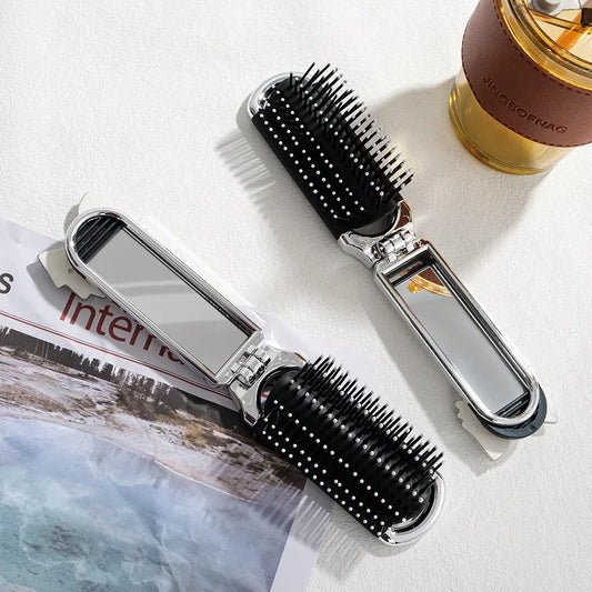 2 In 1 Mini Portable Folding Comb Mirror Diamond Air Cushion Bling Rhinestone Cosmetic Travel Pocket Hair Brush Makeup Tool